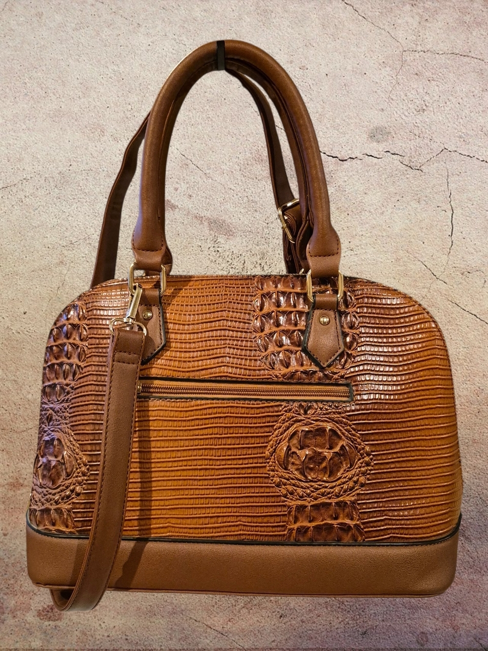 Textured Croc-Embossed Satchel in Chestnut Brown